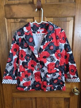 Joan Rivers Red Gray Poppy Floral Blazer Jacket Stretch Pockets Unlined Size 12